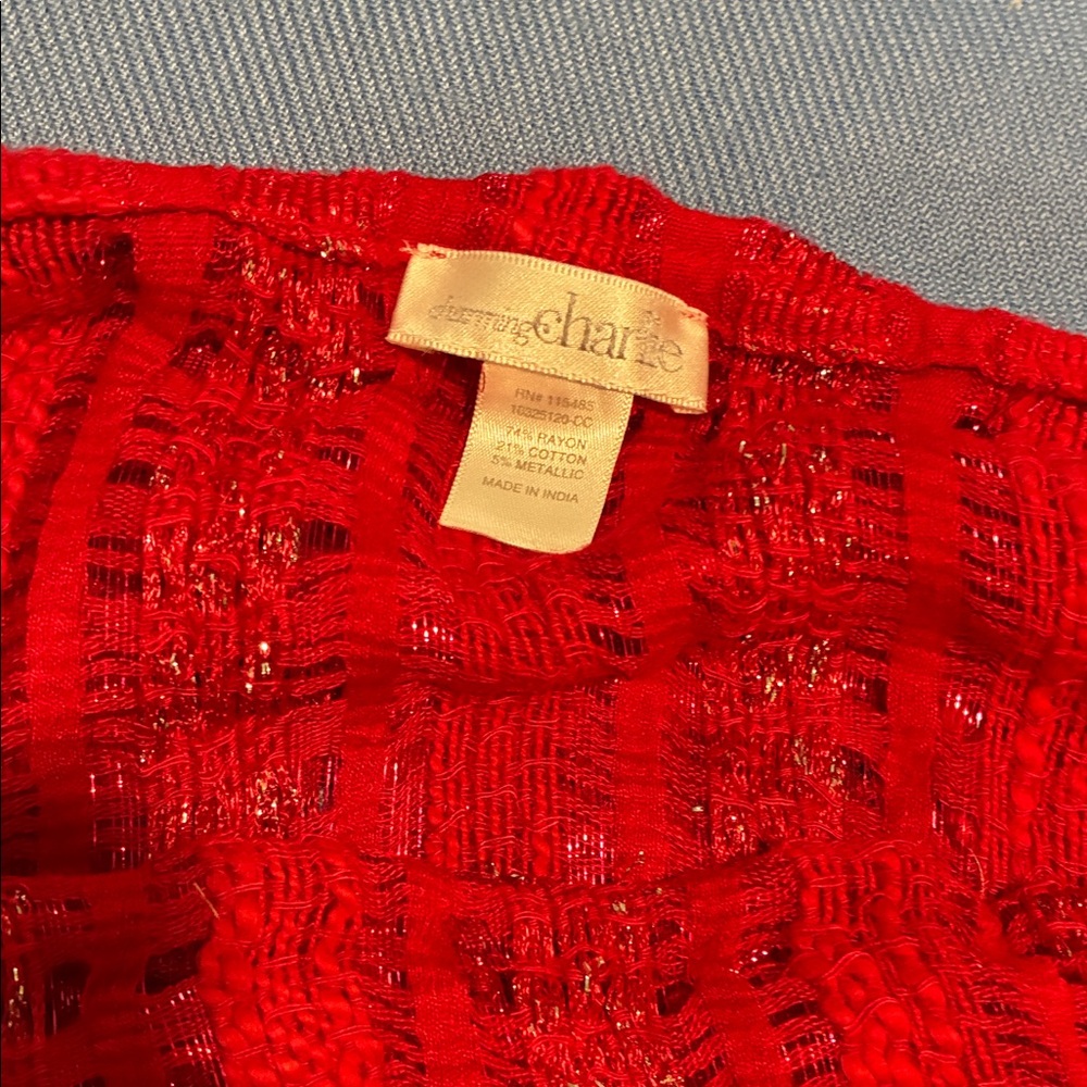 Charming Charlie Scarlet Red Lace Infinity Scarf With Silver Metallic Accents